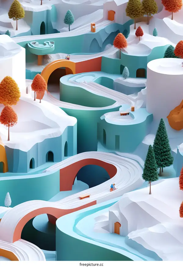 Abstract 3D Illustration of Colorful Landscape with Bridges and Trees