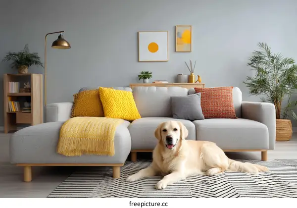 Modern Living Room with Golden Retriever