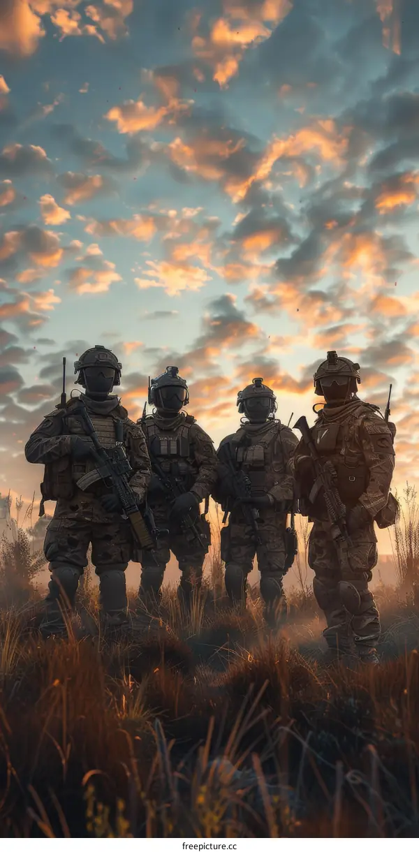 Four soldiers in the field at sunset