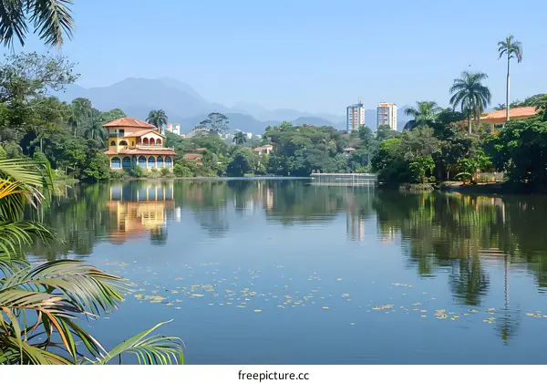 Tropical lake with lush vegetation and a house in the background