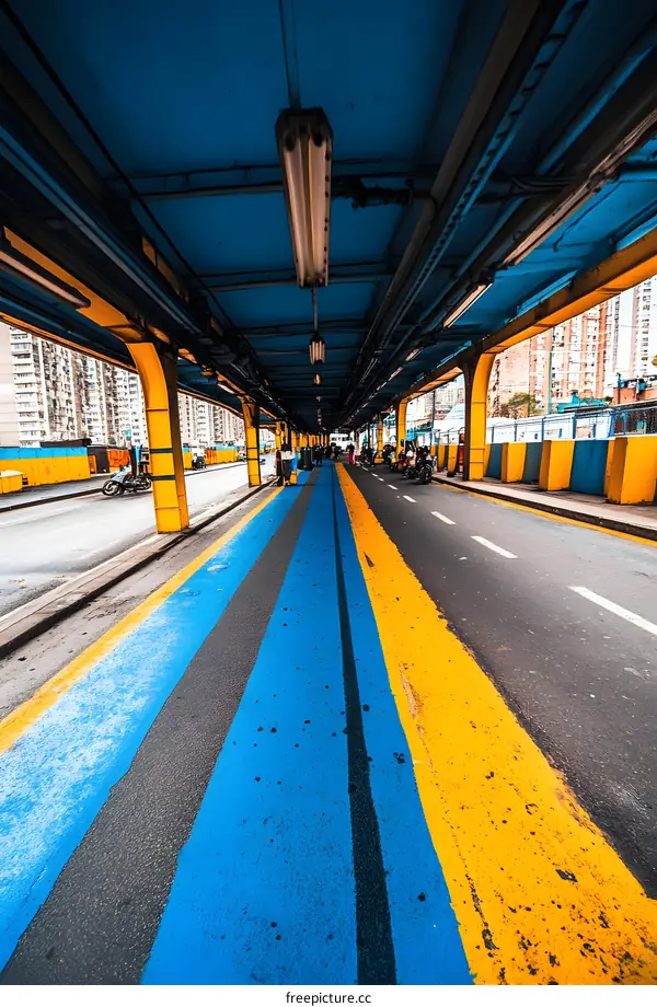 Blue and Yellow Bike Lanes Under a Bridge