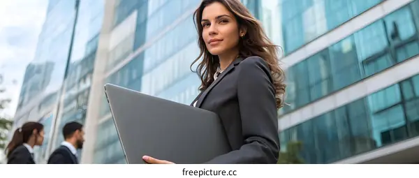 Confident Businesswoman Holding Laptop in Front of Modern Building