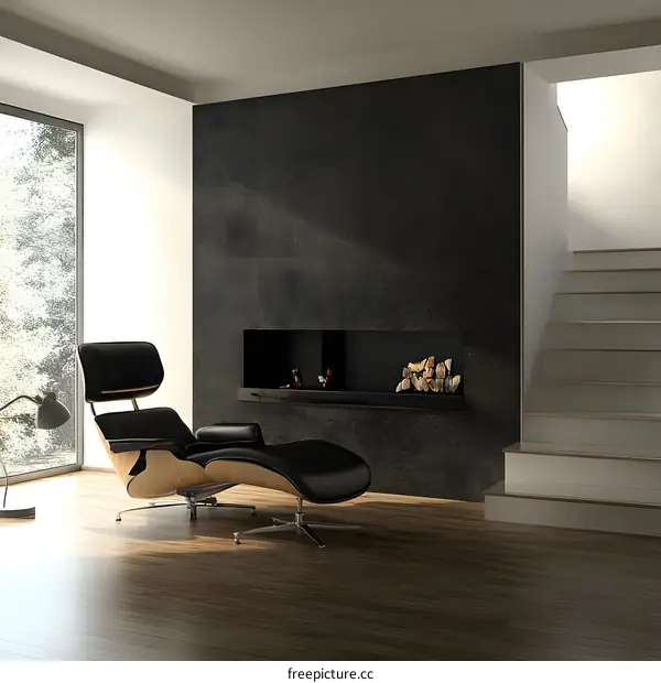 Modern Living Room Interior Design with Black Fireplace and Lounge Chair