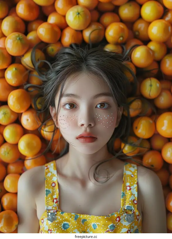 Woman with Freckles Lying in Oranges