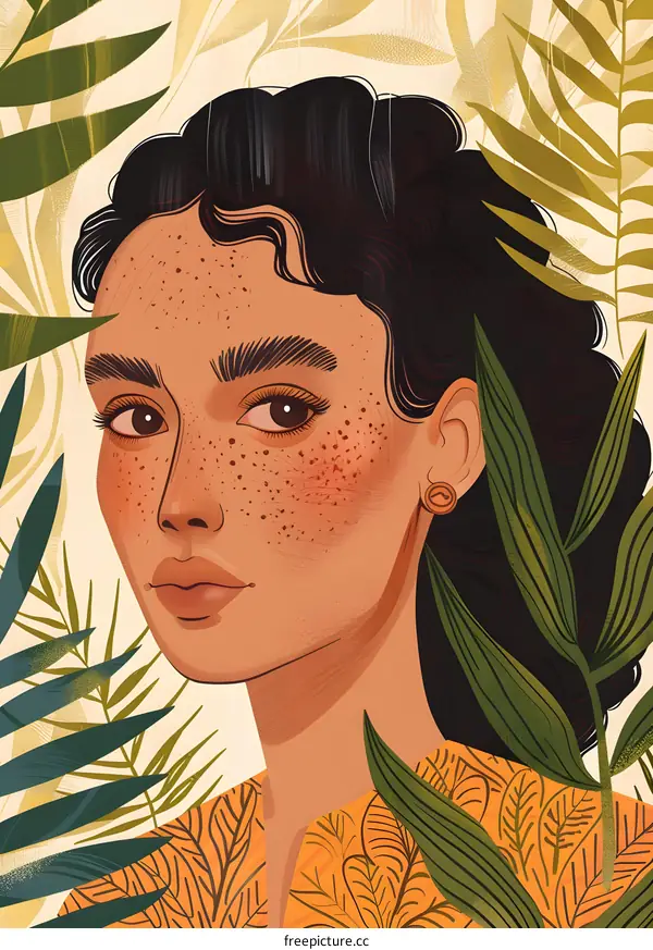 Woman with Freckles and Green Foliage