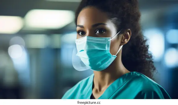 A young female doctor wearing a surgical mask and a face shield