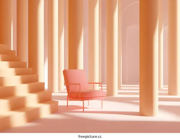 Pink Chair in a Minimalist 3D Rendered Room with Pillars and Stairs