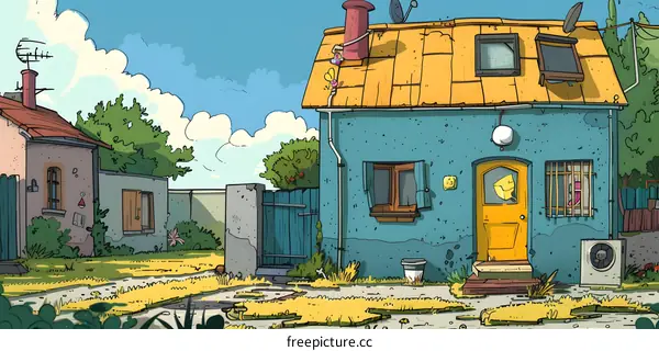 Cartoon Illustration of Two Houses in a Sunny Neighborhood