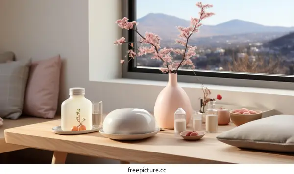 Still life with pink vase and cherry blossoms