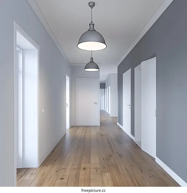 Modern Hallway Interior Design with White Doors and Wooden Floor