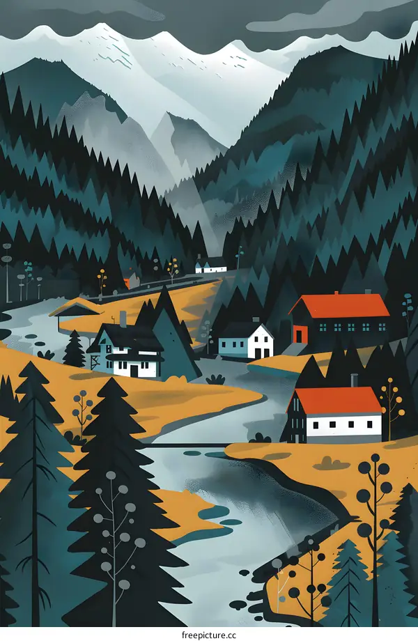 Mountain Village Landscape Illustration