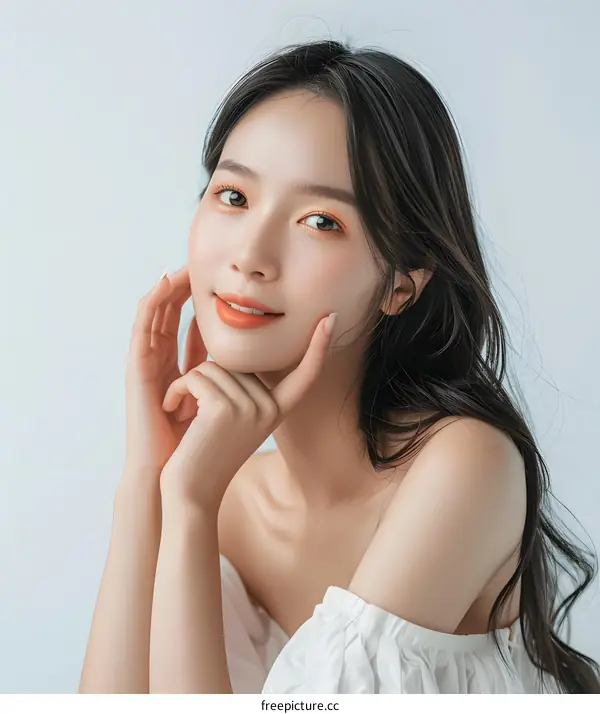 Beautiful Asian Woman With Long Black Hair Posing For Portrait