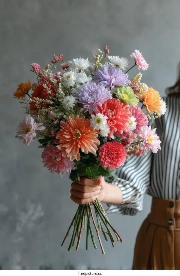 Beautiful Bouquet of Assorted Flowers Held by a Woman