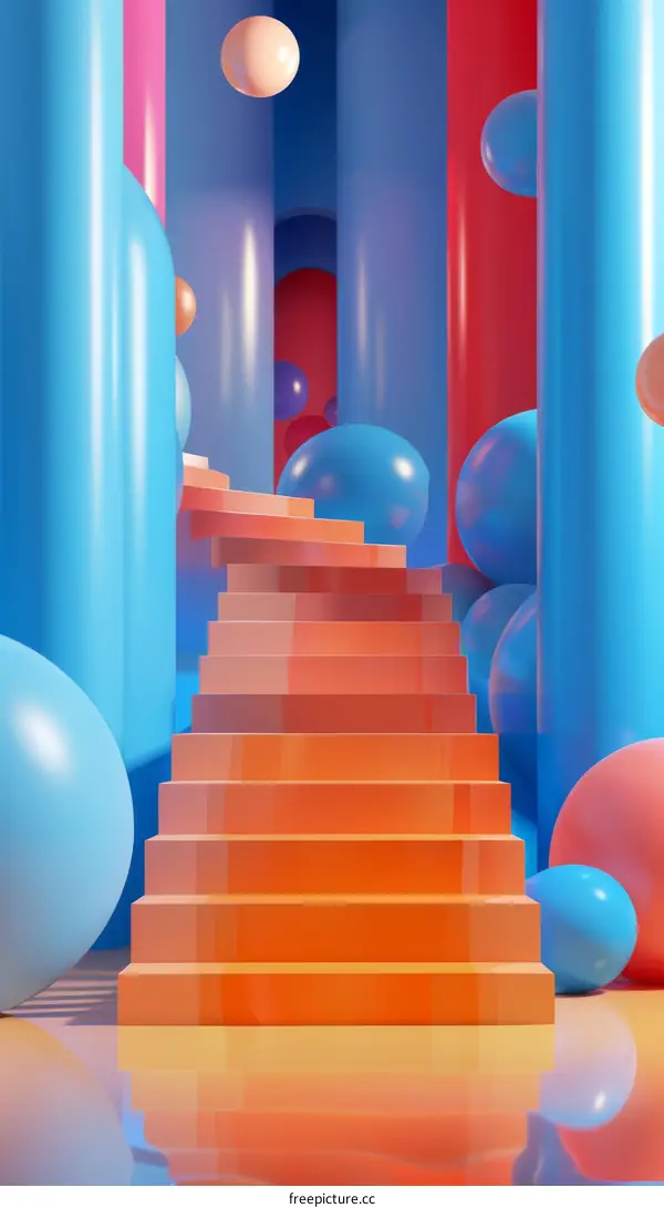 3D rendering of a staircase in a colorful room