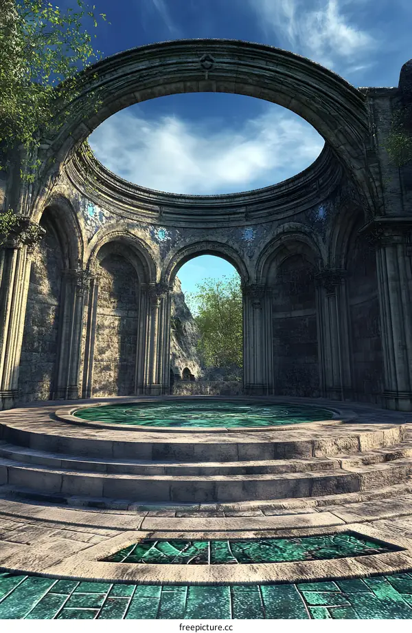 Ancient Stone Ruins With Circular Archway And Green Pool