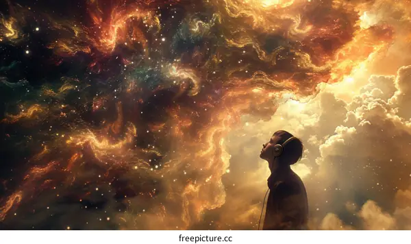 boy looking up at the colorful clouds