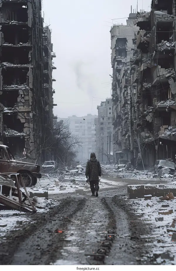 A lone soldier walks through a destroyed city