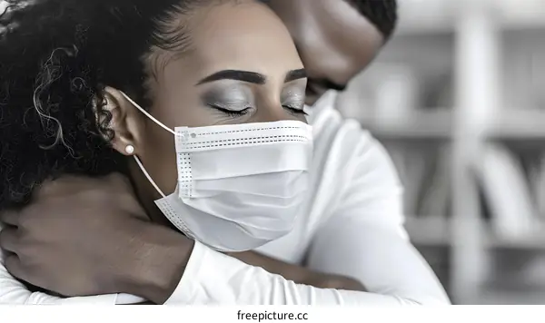 Couple Wearing Masks Embrace in Support