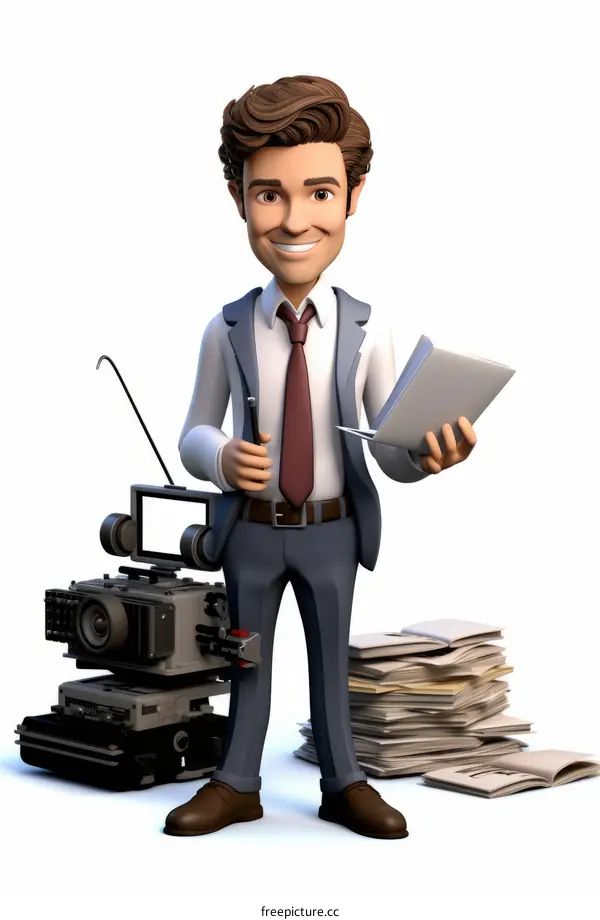 Confident businessman standing with video camera and documents