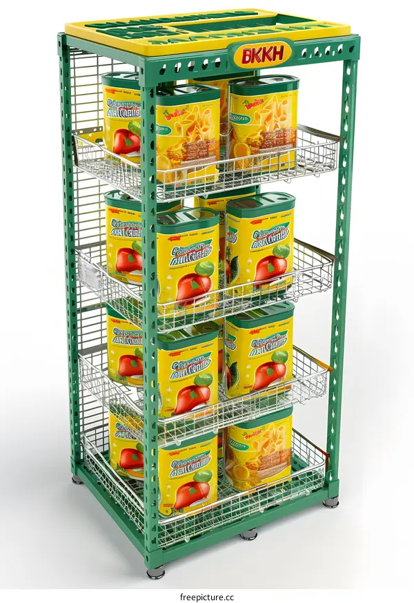 Green Metal Display Stand With Canned Goods