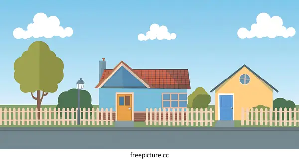 Cartoon Illustration Of Two Houses With Fence And Green Trees
