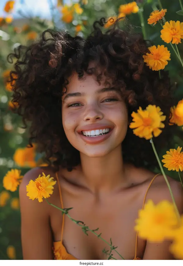 Smiling Woman Surrounded by Yellow Flowers
