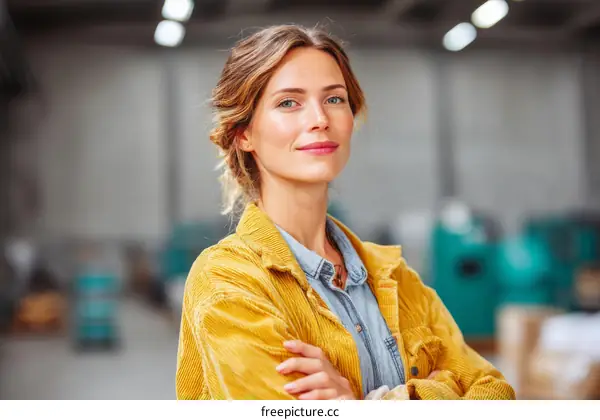 Confident female worker in a warehouse setting