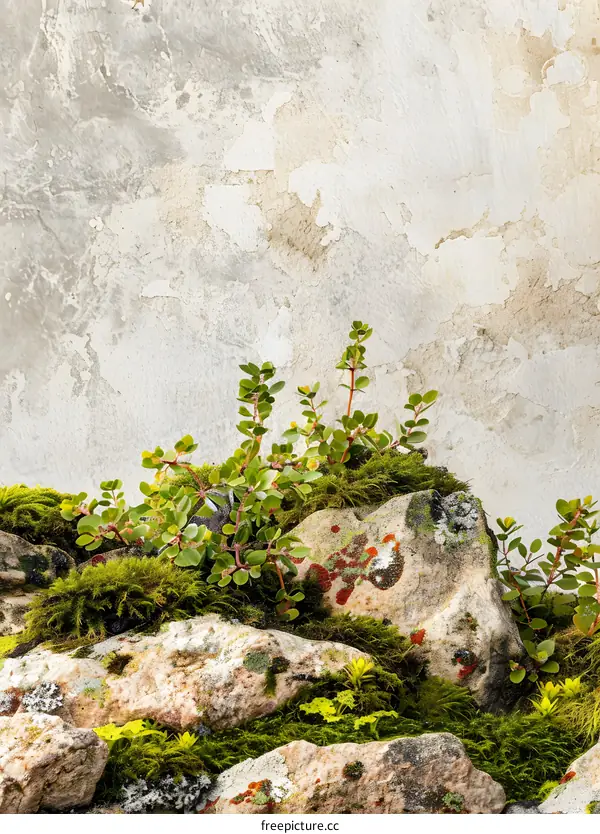 Green Plants Growing On Rocks With White Wall Background