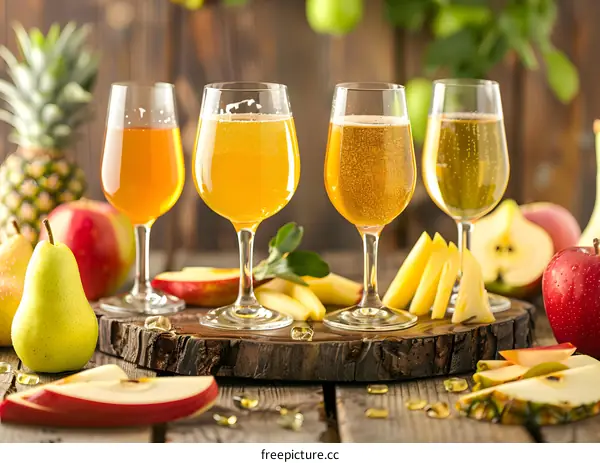 Four Glasses of Apple Cider on Wooden Table with Fruit
