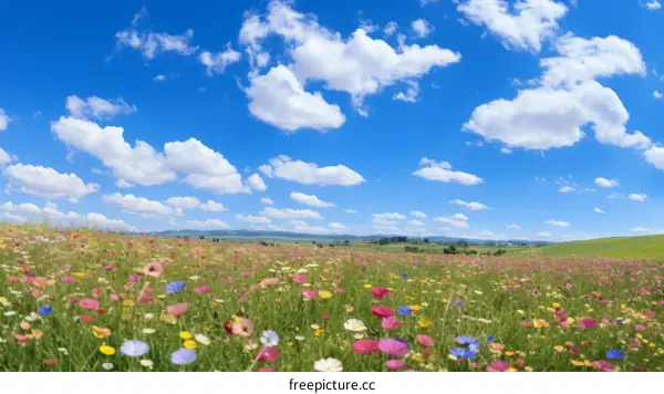 Field of flowers under a blue sky