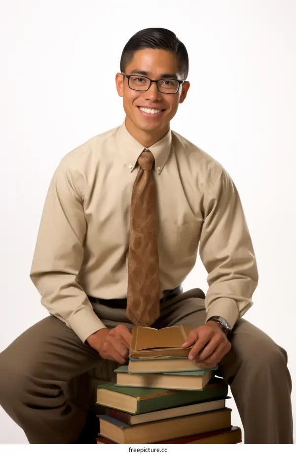 Young male student sitting on a stack of books