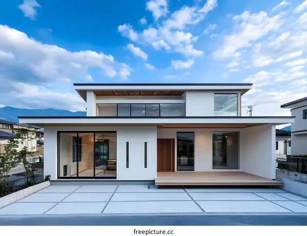 Modern White House with Wooden Deck and Large Windows
