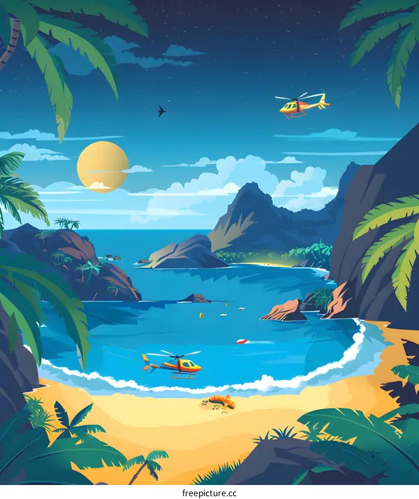Tropical Island with Two Helicopters Flying Above a Blue Lagoon