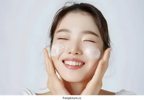 Smiling Asian Woman Applying Face Cream