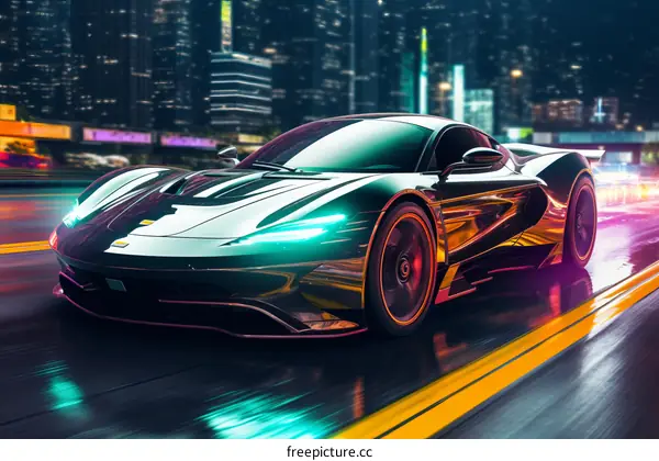 A sleek black sports car races through a futuristic metropolis at night