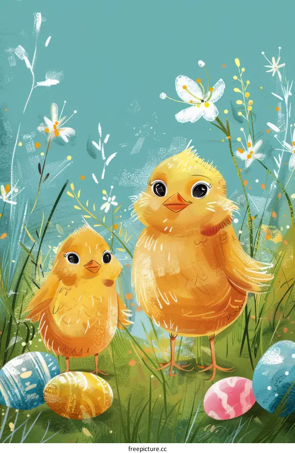 Two Cute Yellow Chicks in the Grass