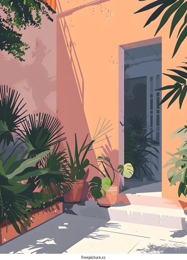 Orange Wall With Tropical Plants And Door