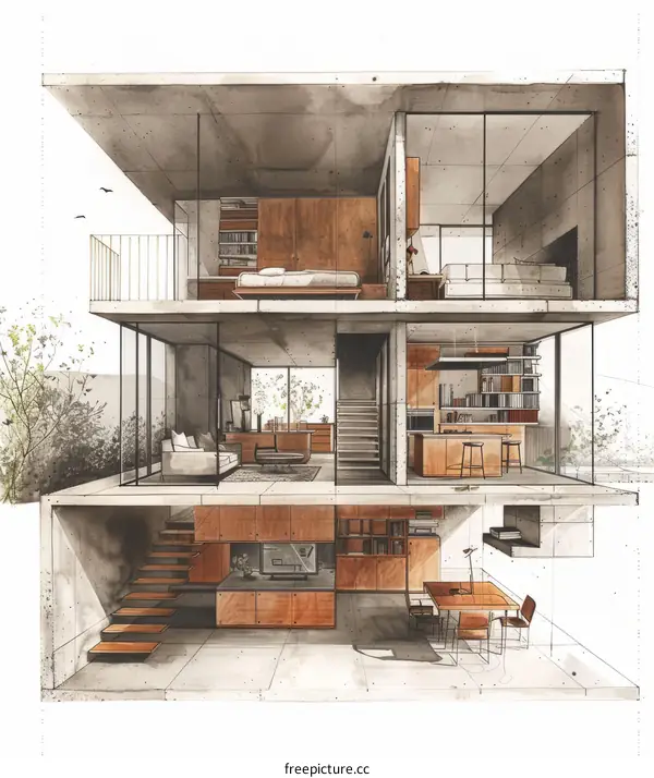 Modern house interior in cut away view