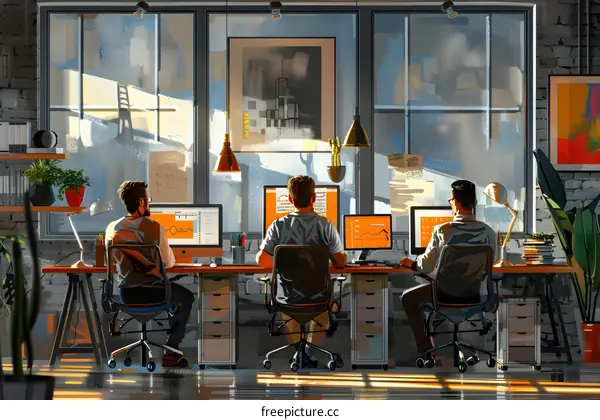 Three men are working in the office