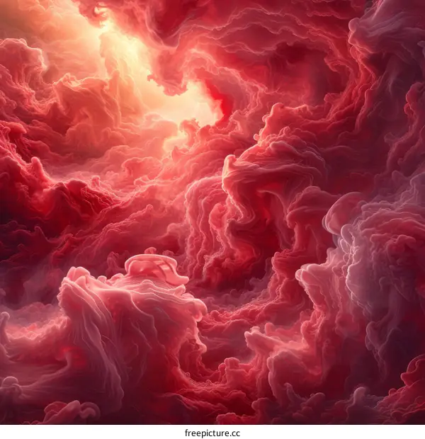 Red and pink cloudscape with a bright light in the distance