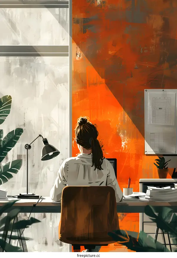 A woman sitting in a chair in an office looking at her computer.