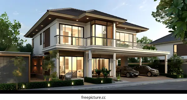 Modern Two Storey House with Balcony and Garage
