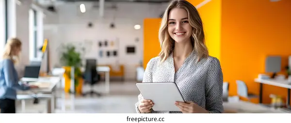 Smiling Businesswoman Holding Tablet in Modern Office