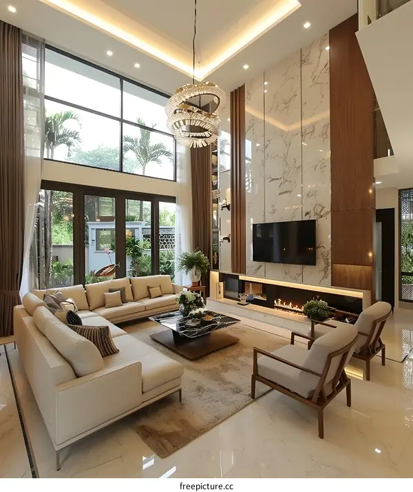 Modern Living Room Interior Design with Fireplace and Large Windows