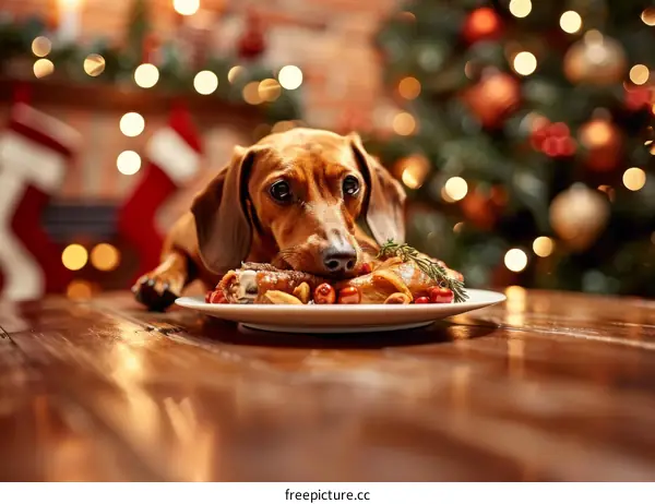 dachshund dog eating christmas dinner