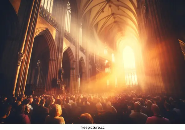 A large crowd of people gathered inside a cathedral with a large amount of sunlight shining through the stained glass windows.