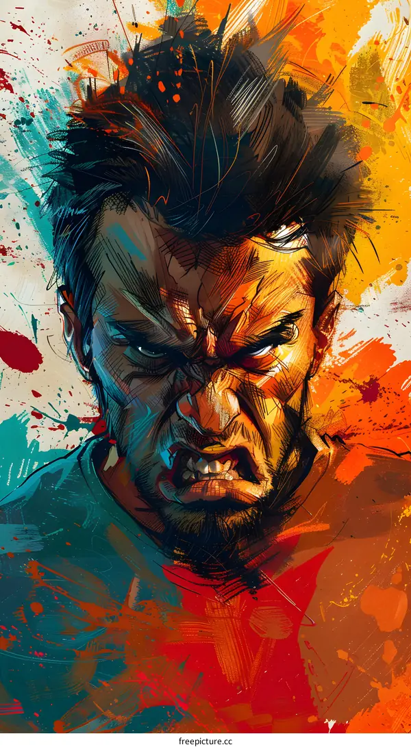 colorful face of a man with an angry expression