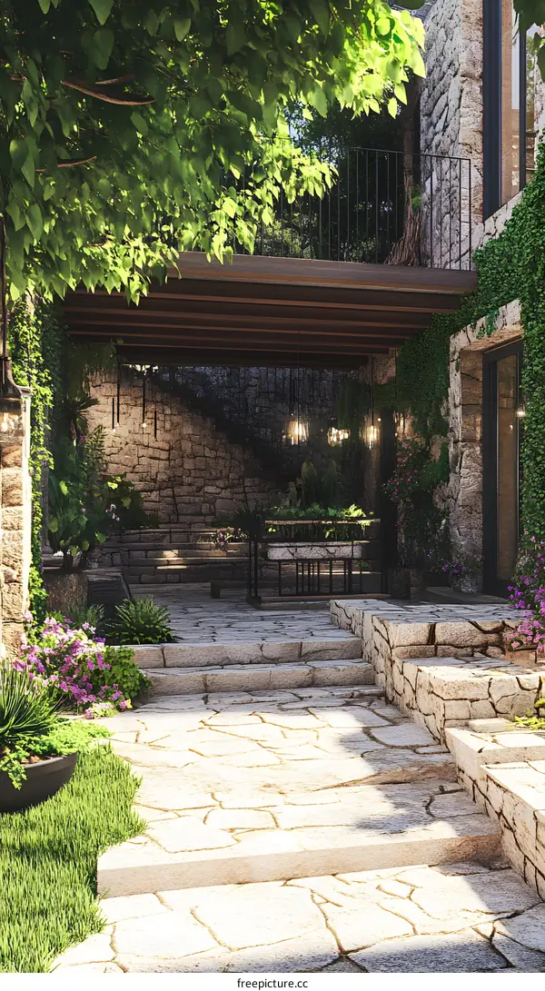 Stone Patio with Stairs and Lush Greenery