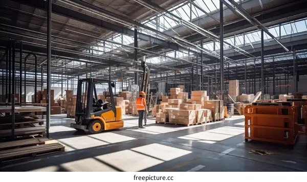 A warehouse worker operates a forklift in a large warehouse