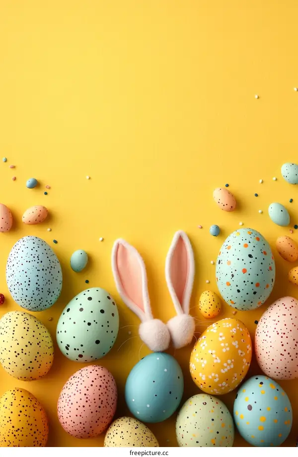 Colorful Easter Eggs on Yellow Background